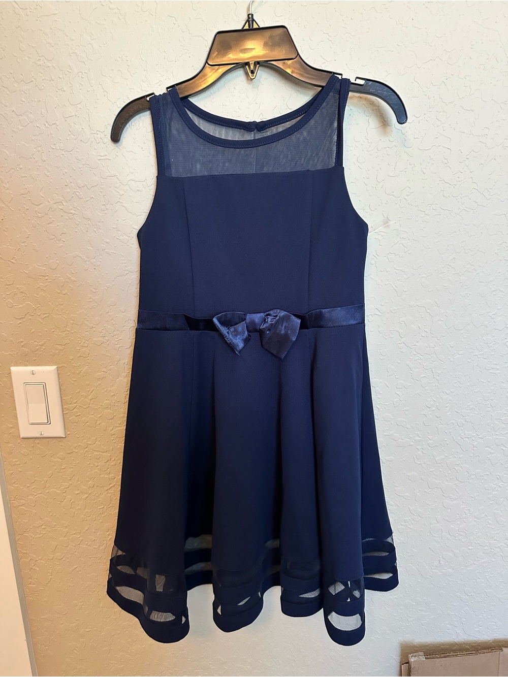 Girls Navy Mesh Yoke Party Dress with Satin Bow Calvin Klein